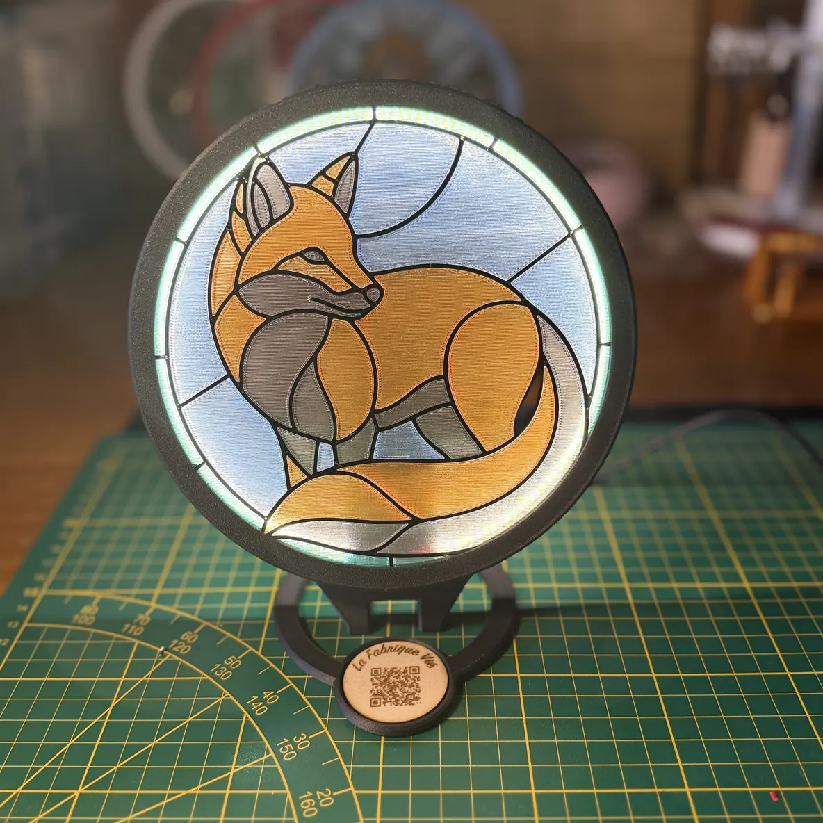 Le filtre Renard monté sur le Socle Vitrail LED et allumé, le halo éclairant le motif par l'arrière.