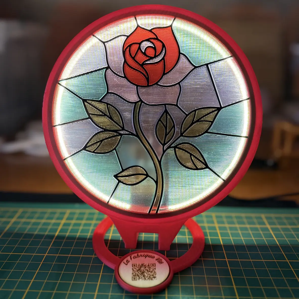 Le filtre Rose stylisée monté sur un socle Vitrail LED rouge et allumé.
